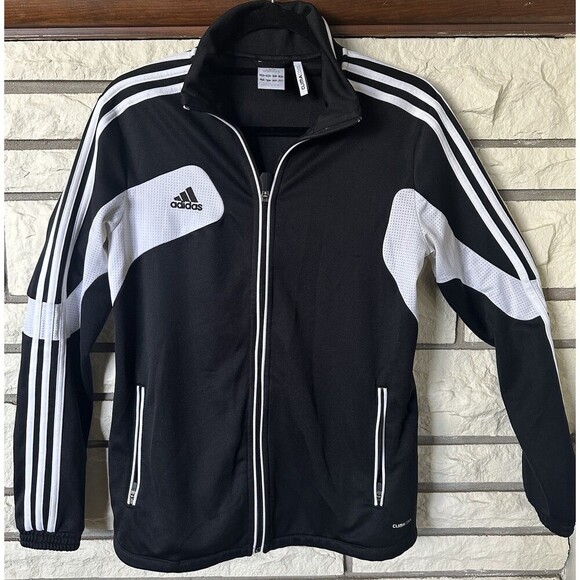 Adidas Track Jacket Youth Size M Black ClimaCool Full Zip Athletic Striped - Picture 1 of 5